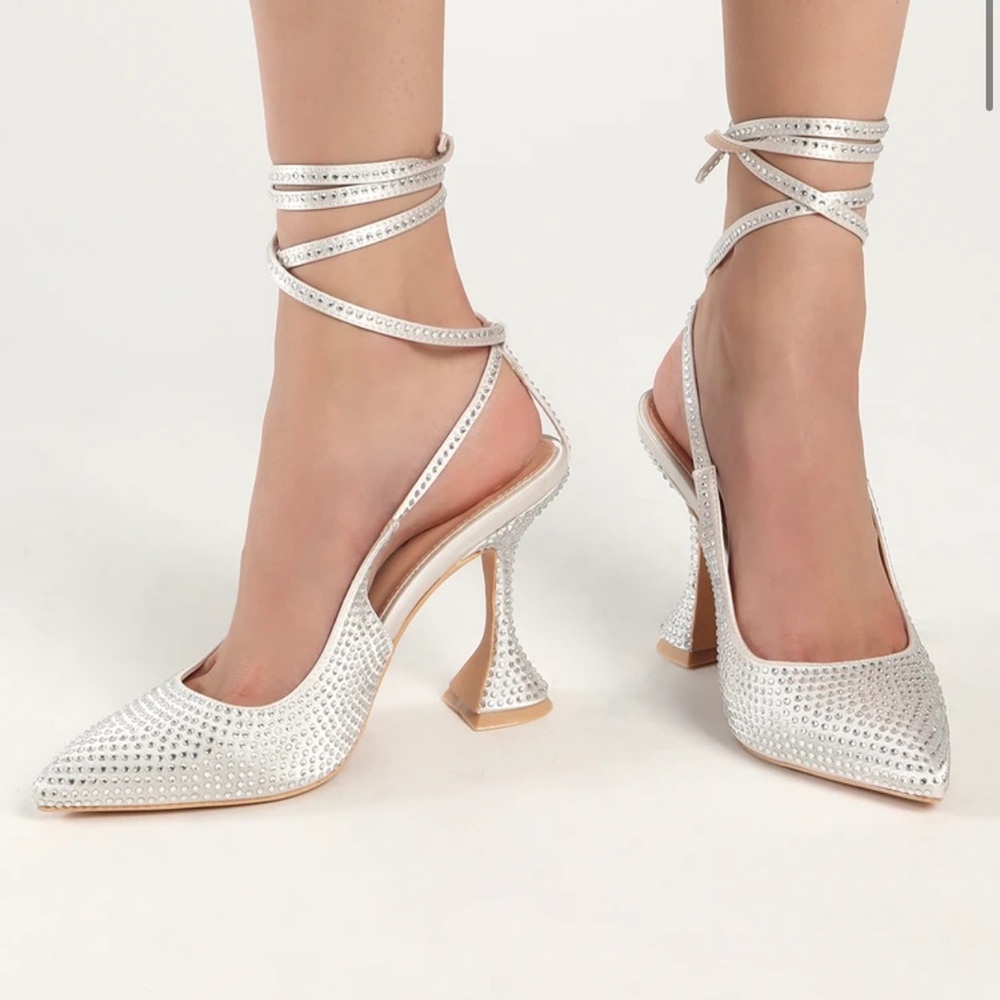 Lulus Kayka‎ White Rhinestone Lace-Up Pointed-Toe Pumps